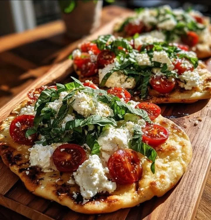 Garlic Feta Cherry Tomato Pita Flatbread ready to serve