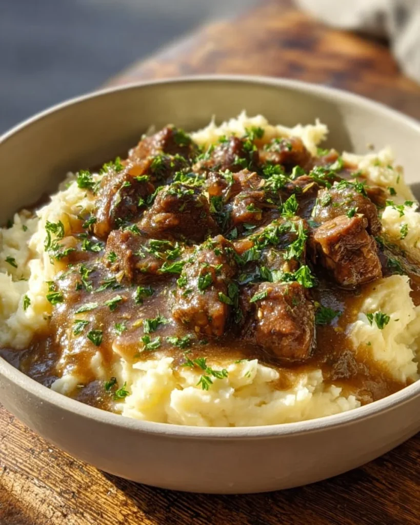 Garlic Herb Beef Tips served with creamy mashed potatoes on a plate.