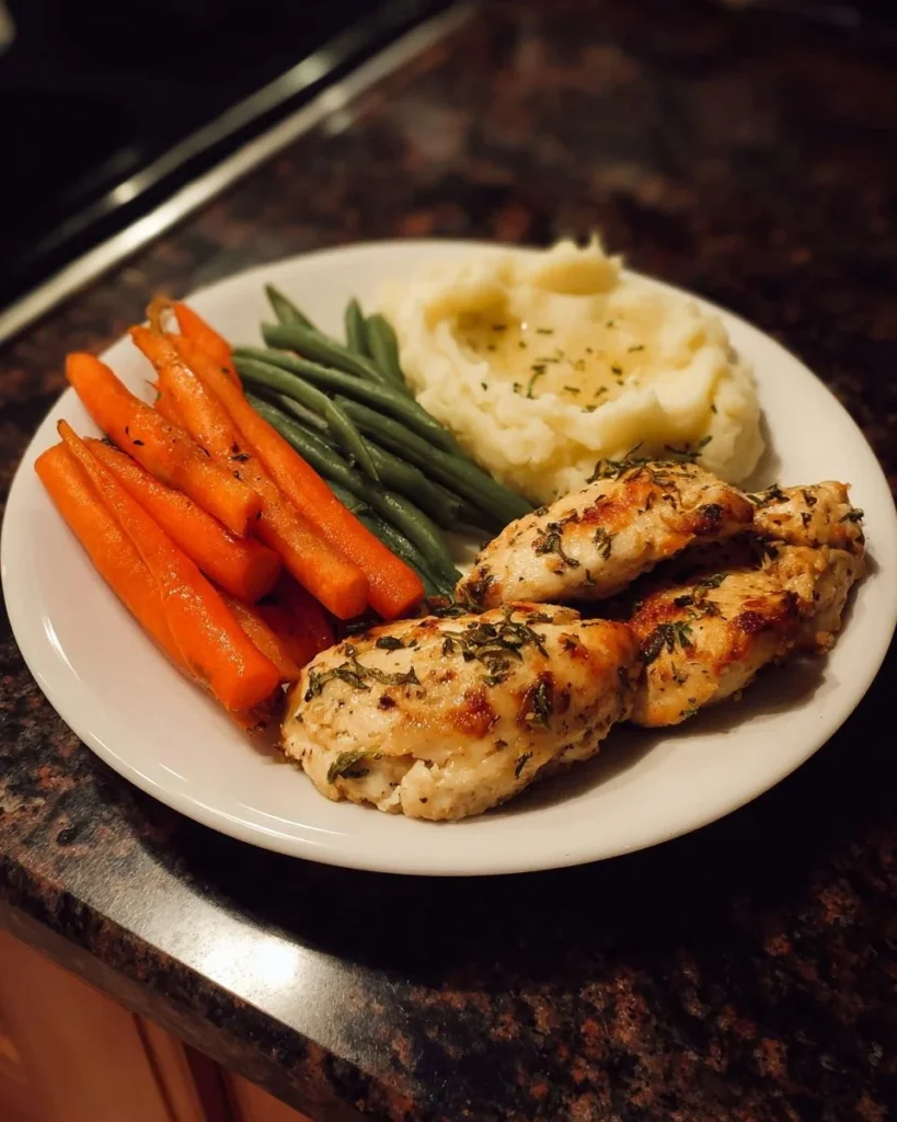 Garlic-Herb Chicken dinner plate with fresh veggies and creamy mashed potatoes