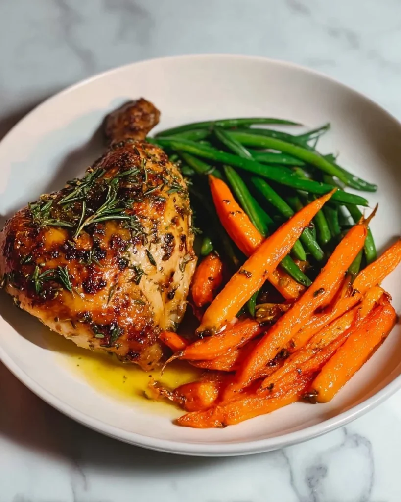 Garlic Herb Chicken served with carrots and green beans on a plate