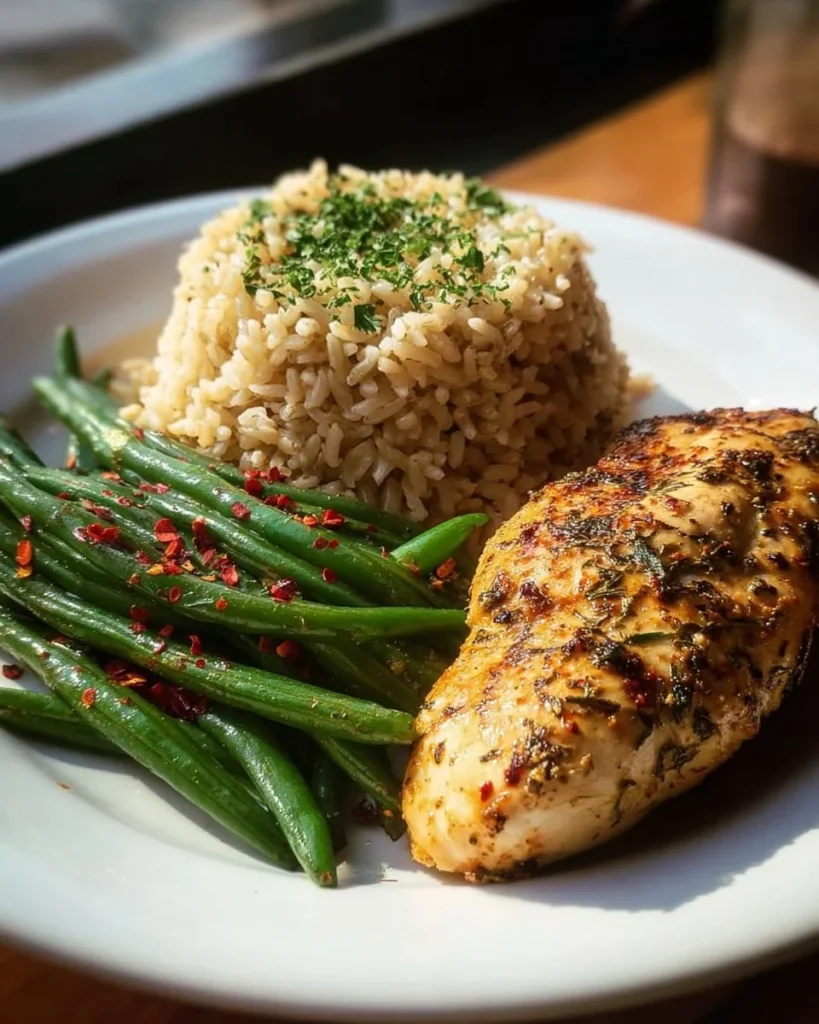 Delicious Garlic Herb Chicken served with rice and green beans
