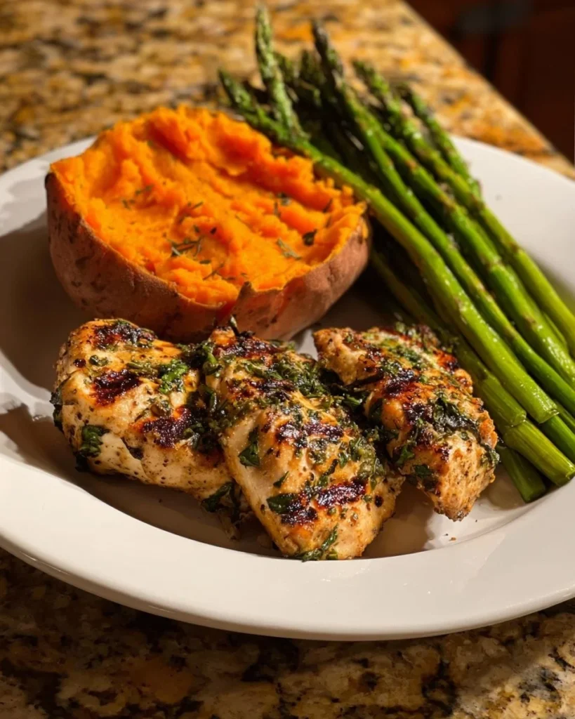 Garlic Herb Chicken served with sweet potato and asparagus on a plate.