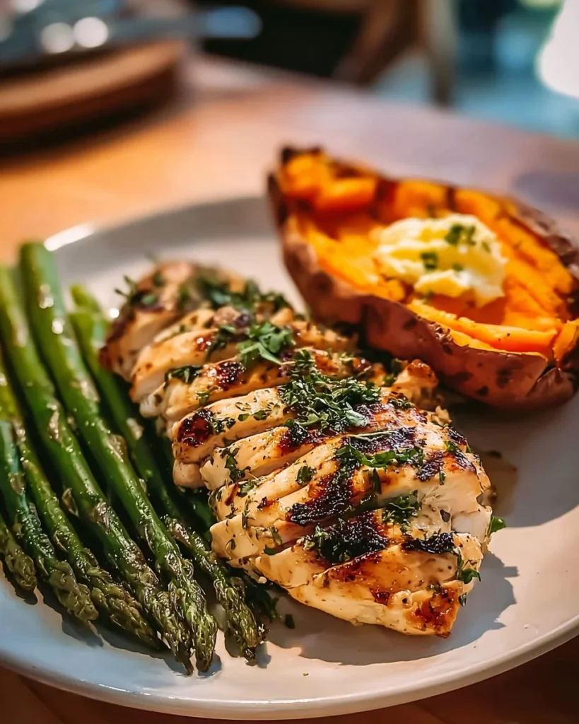 Garlic Herb Chicken served with sweet potatoes and asparagus on a white plate