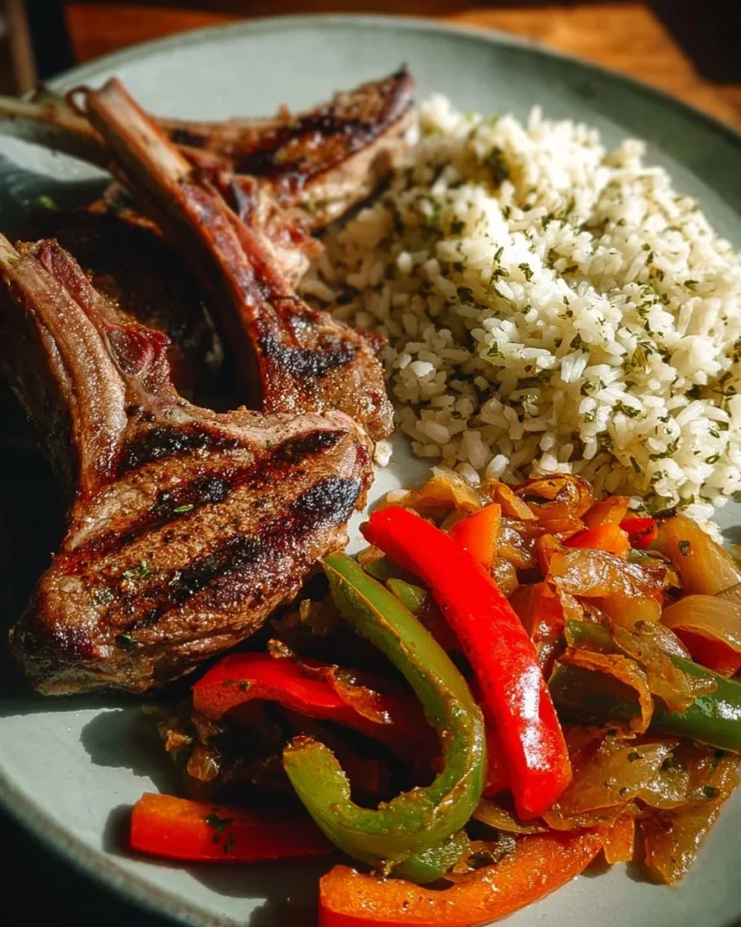 Garlic herb lamb chops served with a side of veggie rice