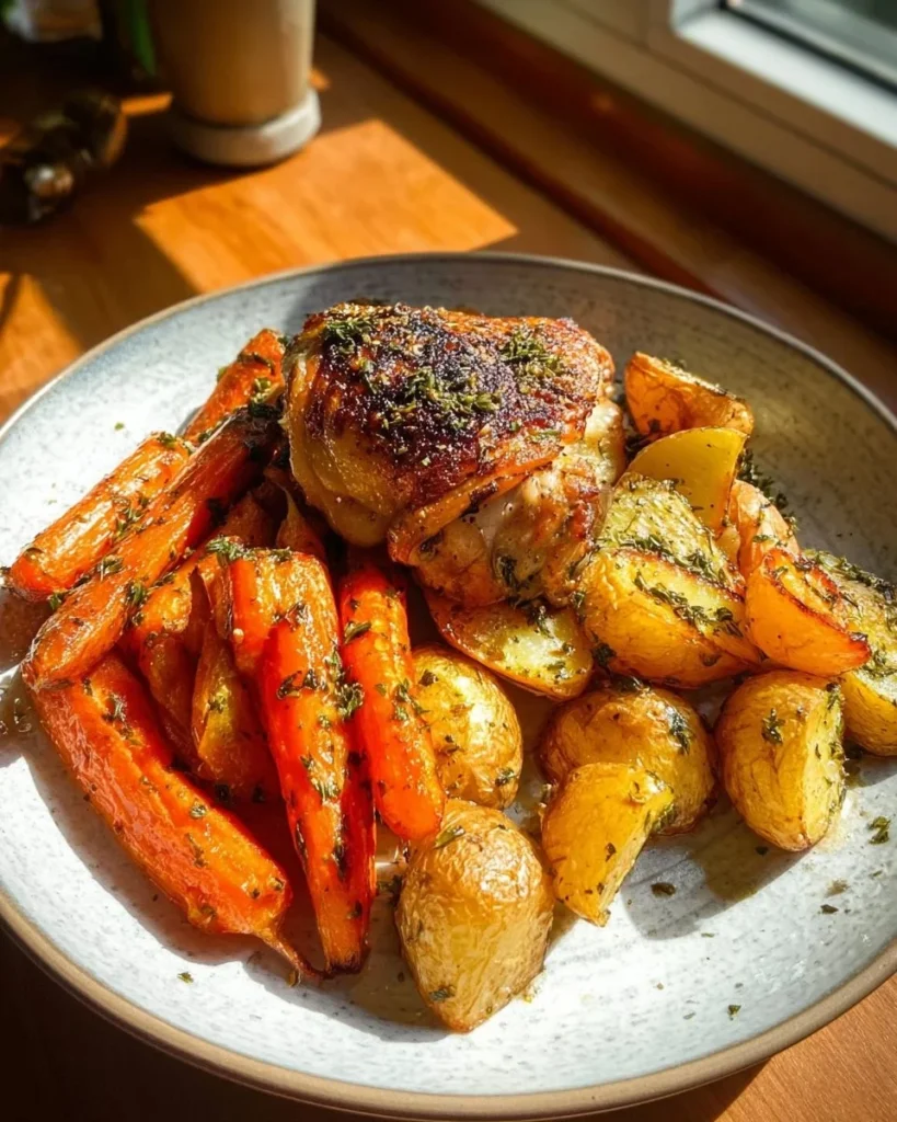 Garlic Herb Roasted Chicken Thighs served with crispy potatoes and carrots