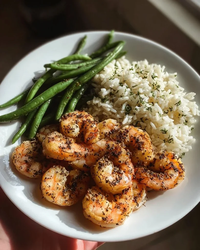Garlic Herb Shrimp served with green beans and rice on a white plate
