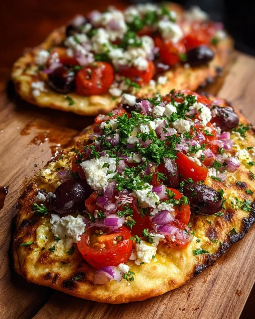 Garlic hummus flatbread pizza topped with fresh vegetables
