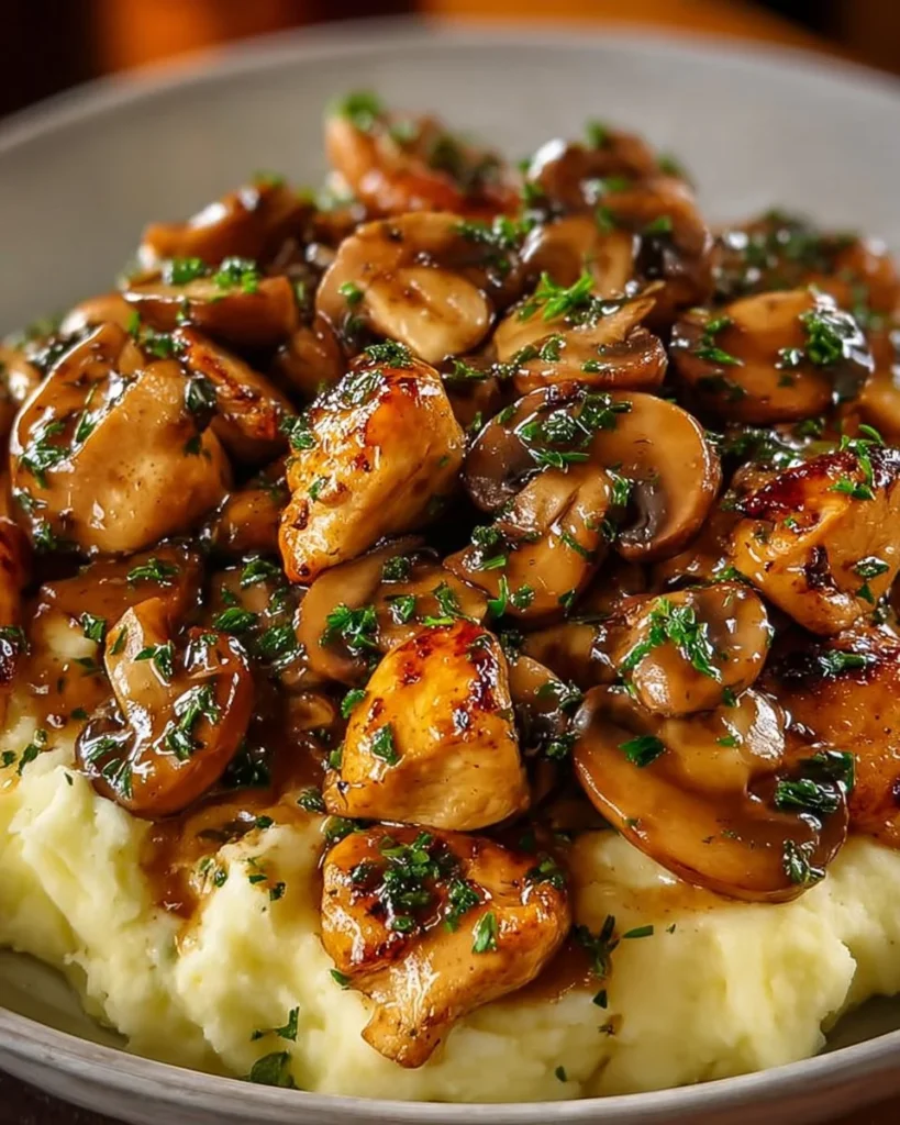 Garlic Mushroom Chicken Bites served with creamy mashed potatoes