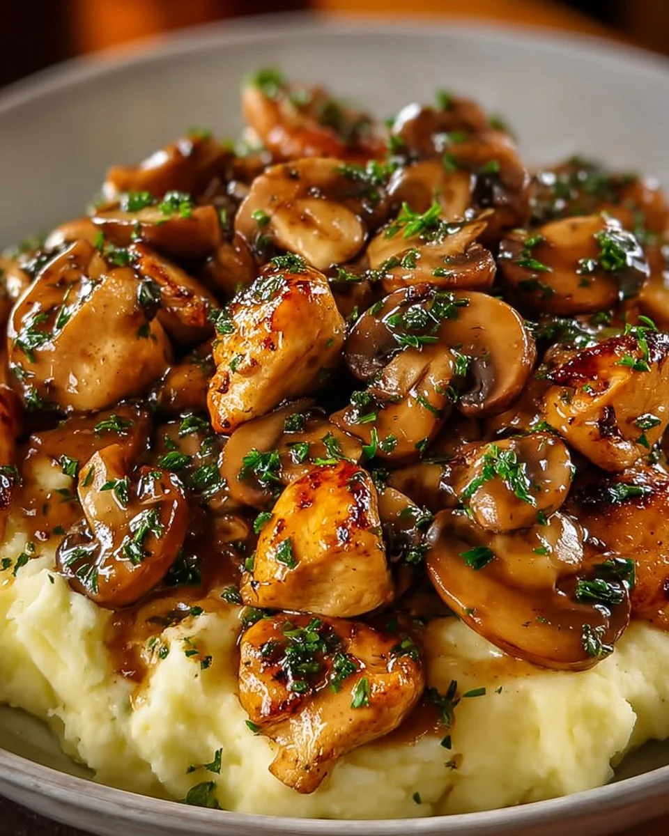 Garlic Mushroom Chicken Bites served with creamy mashed potatoes