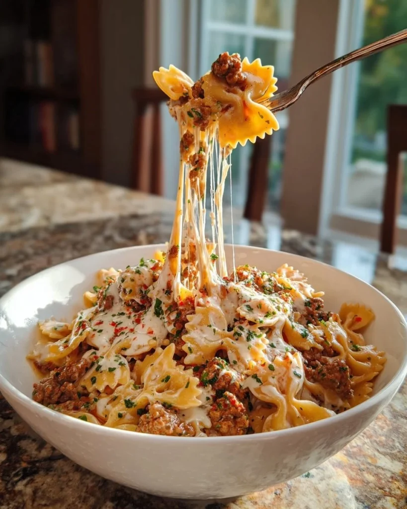 Delicious Garlic Parmesan Beef Bowtie Pasta served in a skillet