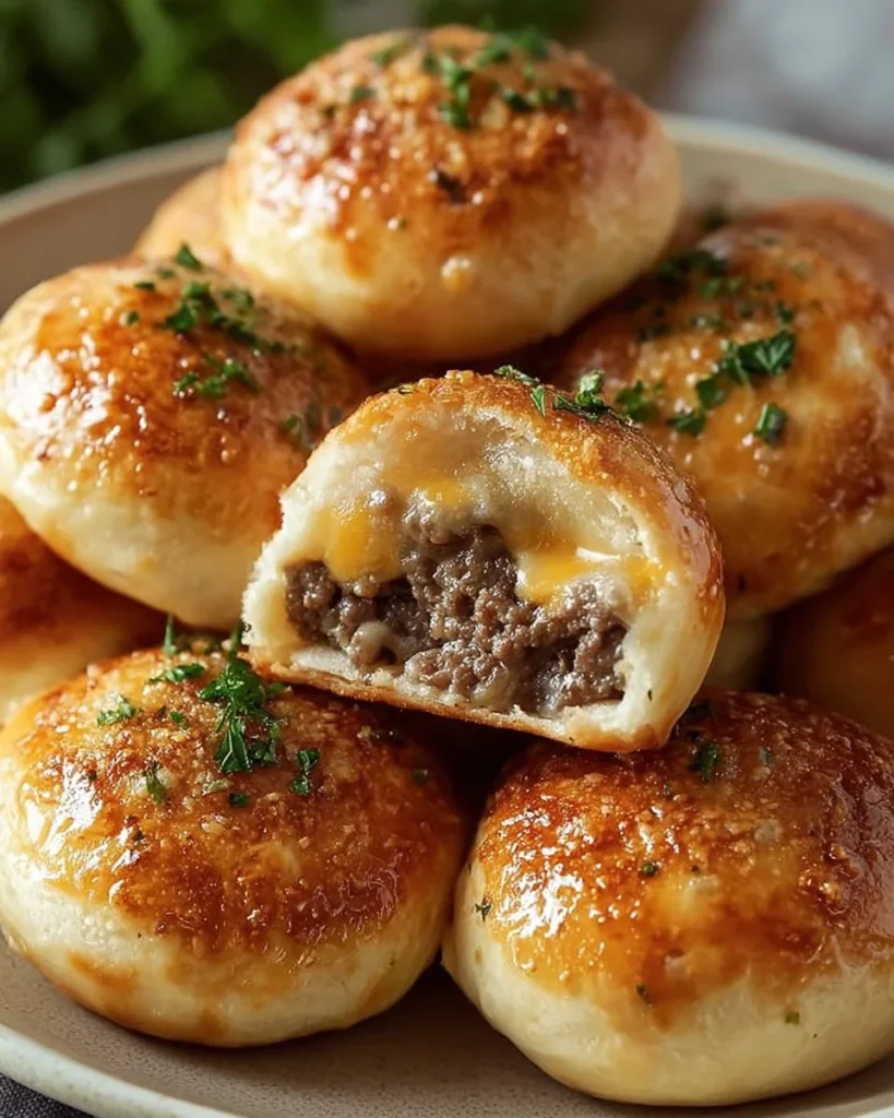 Delicious Garlic Parmesan Cheeseburger Bombs served on a plate