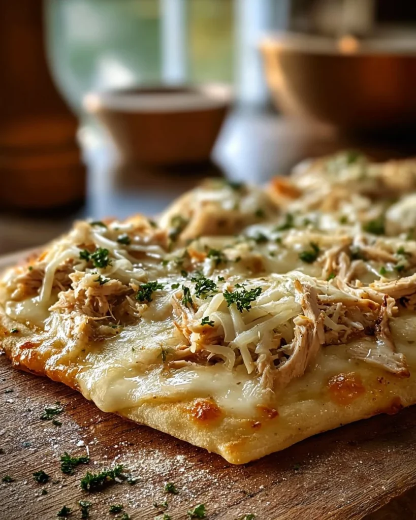 Garlic Parmesan Chicken Flatbread Pizza topped with fresh herbs and cheese