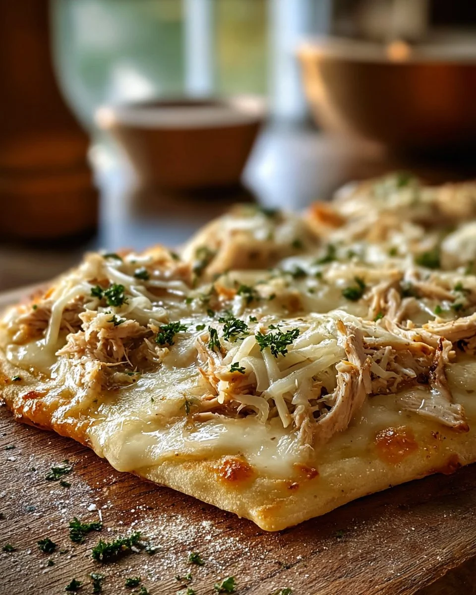Garlic Parmesan Chicken Flatbread Pizza topped with fresh herbs and cheese