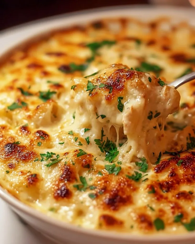 Delicious Garlic Parmesan Chicken Pasta Bake topped with cheese and herbs