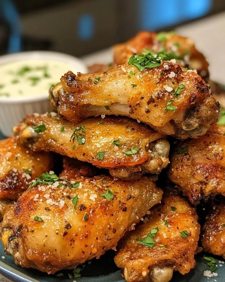 Delicious Garlic Parmesan Chicken Wings served with dipping sauce