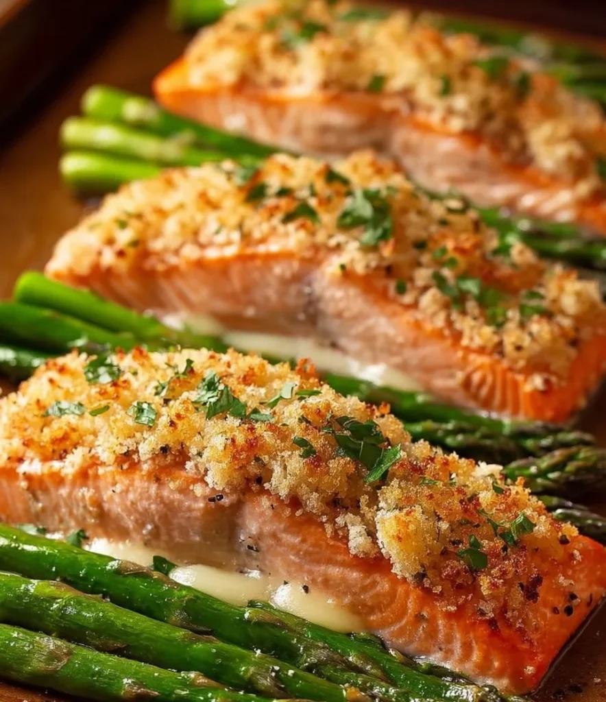 Garlic Parmesan Crusted Salmon with Asparagus platter