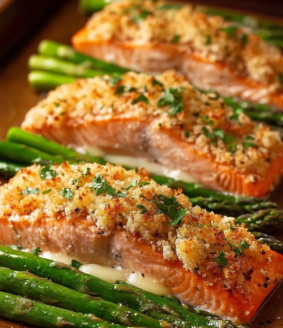 Garlic Parmesan Crusted Salmon with Asparagus platter
