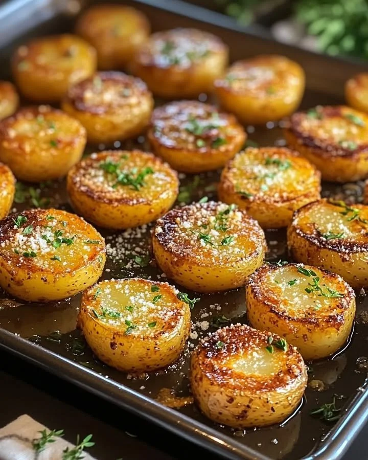 Delicious garlic parmesan roasted potatoes on a white plate