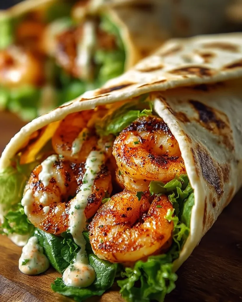 Garlic Shrimp Caesar Wrap garnished with fresh greens and creamy dressing