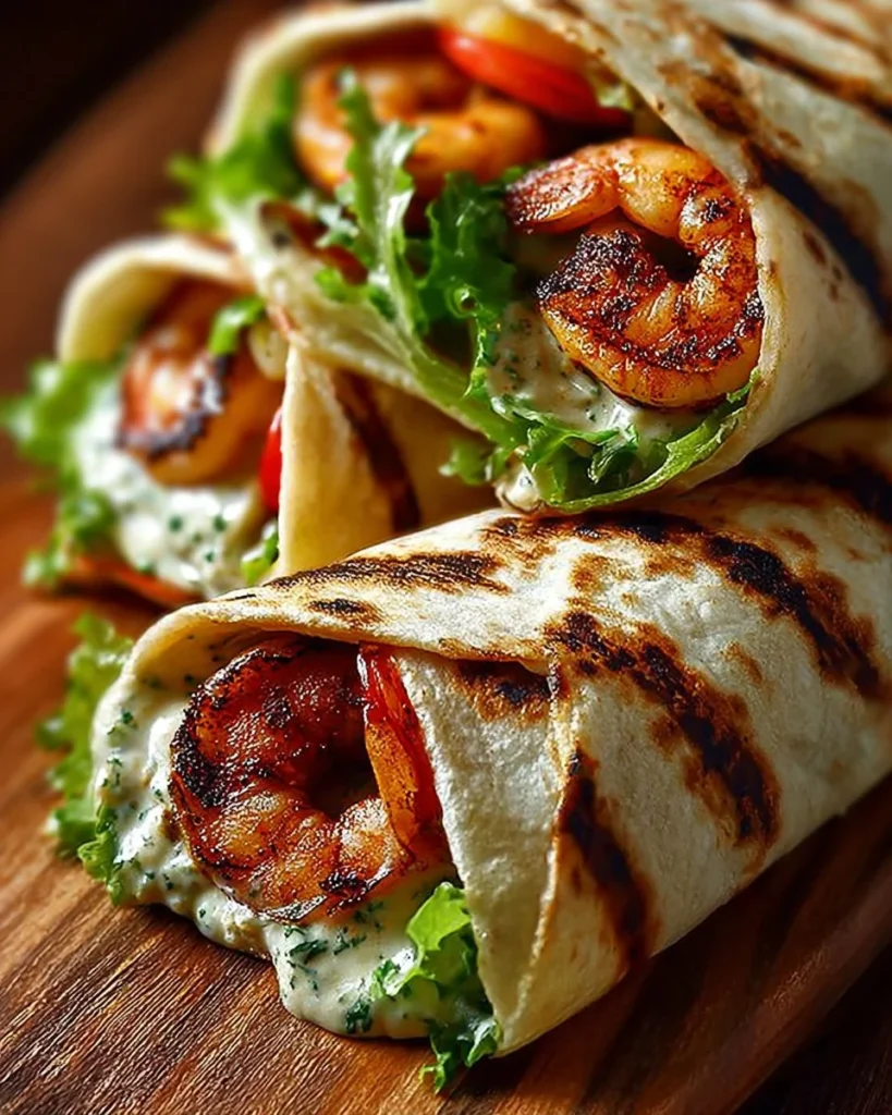 Garlic Shrimp Caesar Wraps with fresh ingredients and vibrant presentation