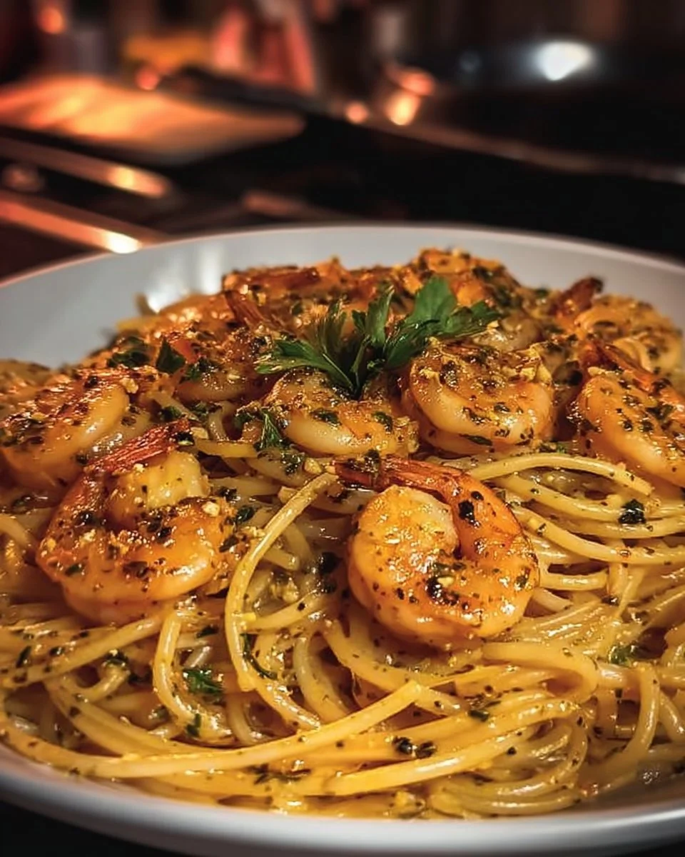 Delicious plate of garlic shrimp pasta garnished with herbs and spices