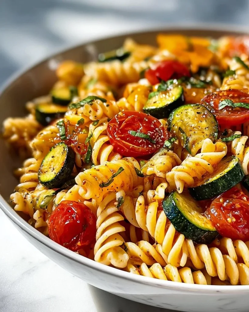 A vibrant bowl of Garlic Zucchini Tomato Rotini pasta with fresh vegetables.