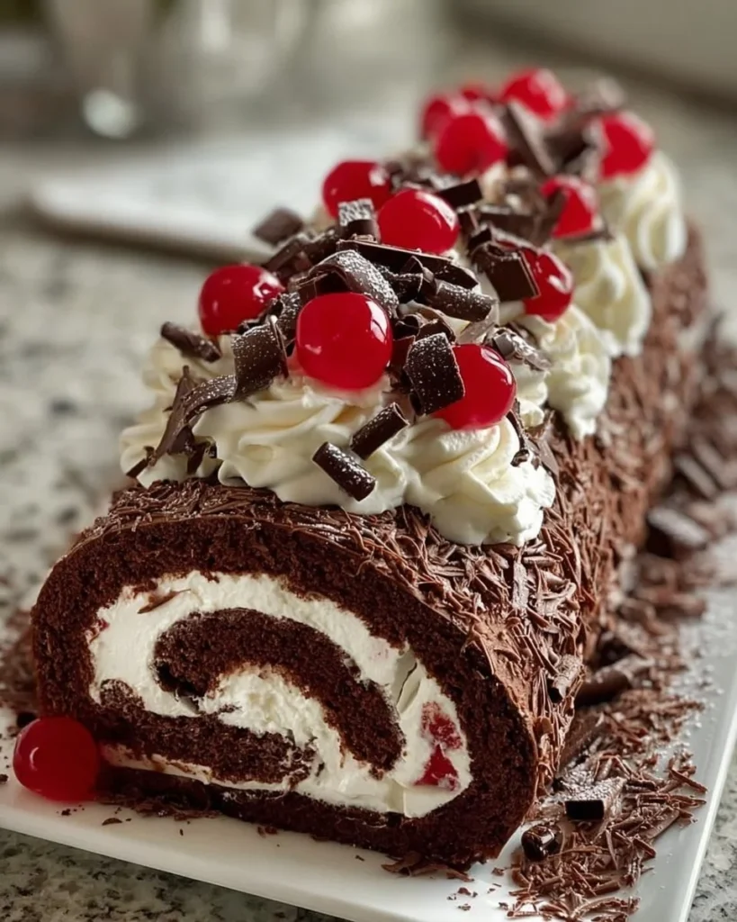Delicious German Black Forest Swiss Roll with chocolate and cherry filling.