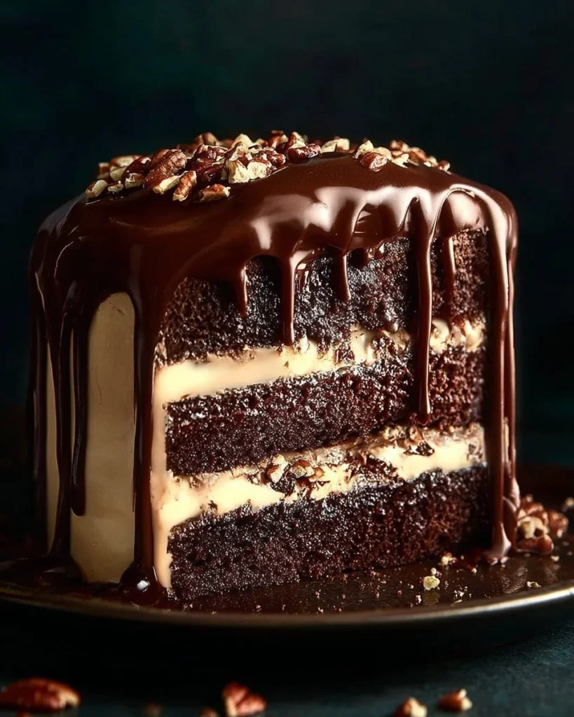 Delicious slice of homemade German Chocolate Cake with coconut and pecan frosting