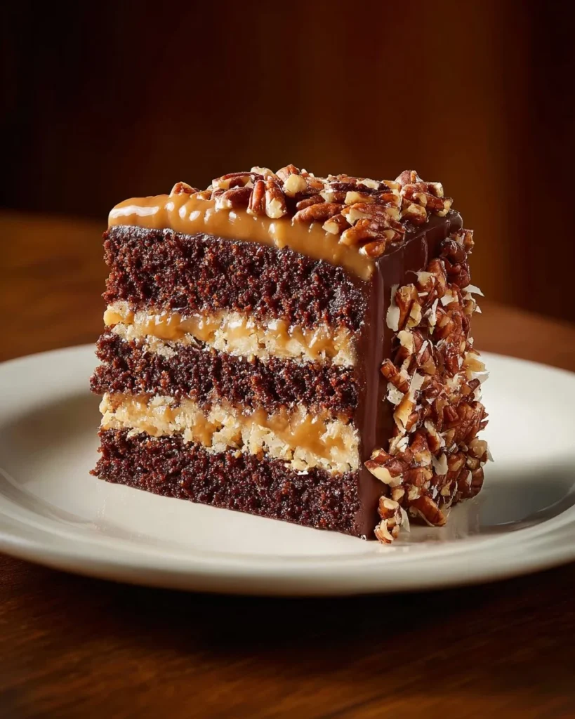 Slice of decadent German Chocolate Cake with coconut and pecan frosting.
