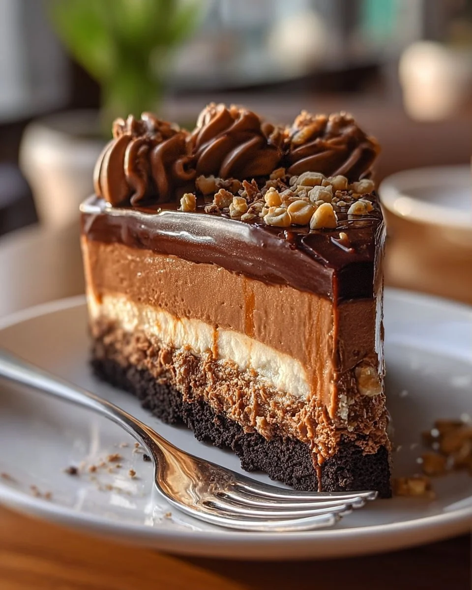 Slice of German Chocolate Cheesecake topped with coconut and pecan frosting