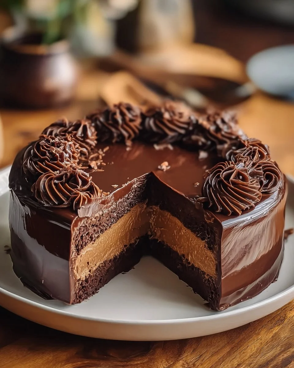 Slice of decadent German Chocolate Cheesecake topped with coconut pecan frosting