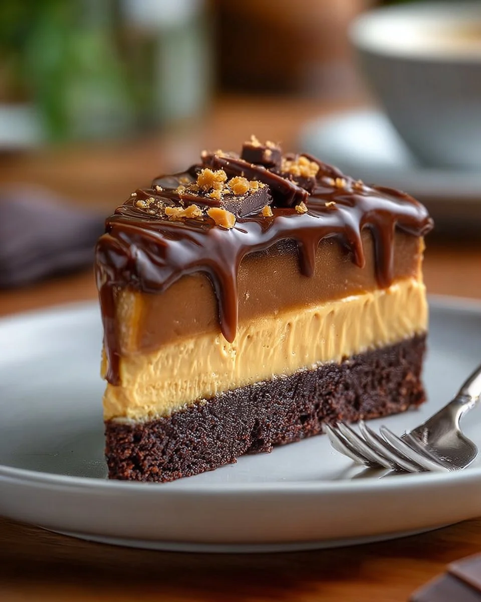 Slice of German Chocolate Cheesecake with coconut and pecans on top.