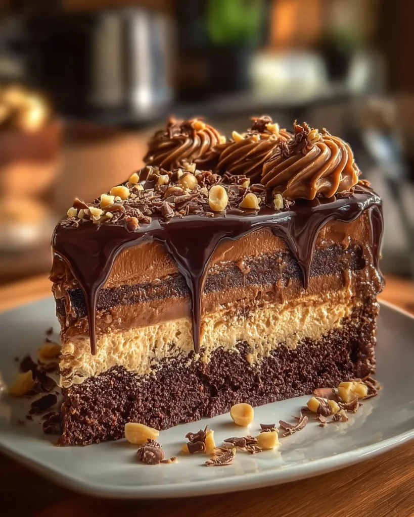 Slice of German Chocolate Cheesecake with chocolate and coconut toppings