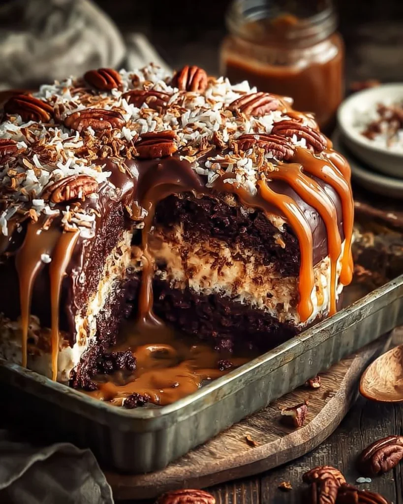 Slice of German Chocolate Poke Cake with coconut pecan frosting