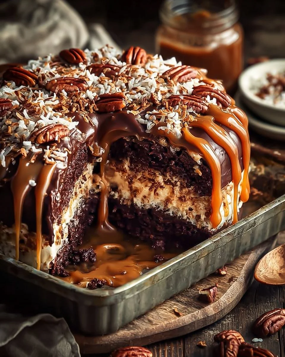 Slice of German Chocolate Poke Cake with coconut pecan frosting