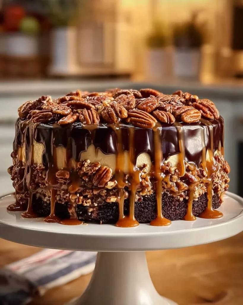 Slice of German Chocolate Poke Cake on a plate with chocolate frosting