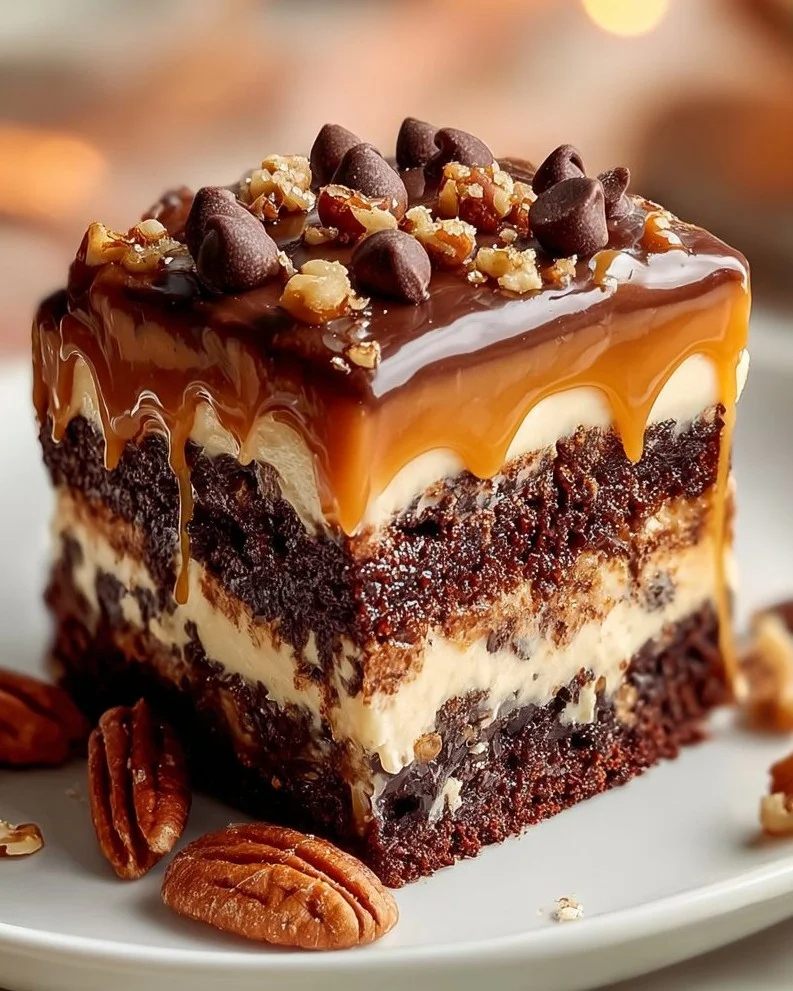 Slice of German Chocolate Poke Cake with coconut and pecan frosting