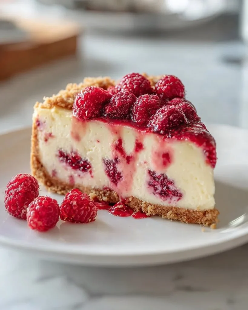Delicious German Raspberry Crumble Cheesecake topped with fresh raspberries and crumble
