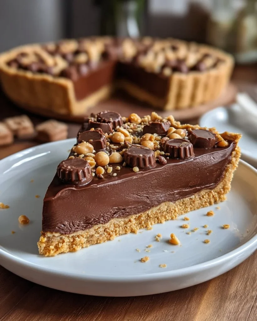 Giant Reese's Peanut Butter Cup Pie with creamy peanut butter and chocolate topping