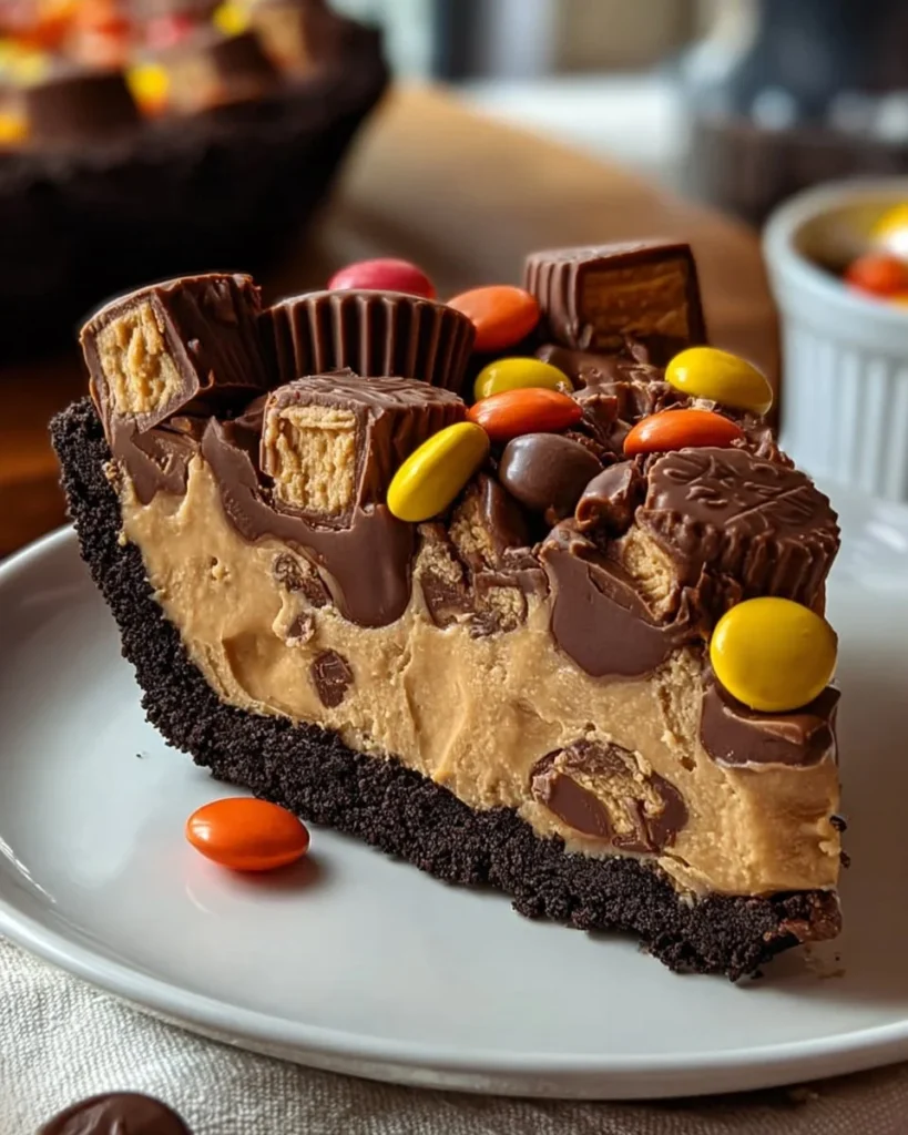 Giant Reese's Peanut Butter Cup Pie with chocolate and peanut butter layers