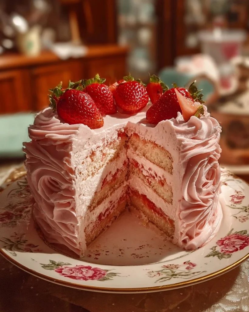 Giant Strawberry Seismic Cake decorated with fresh strawberries and cream.