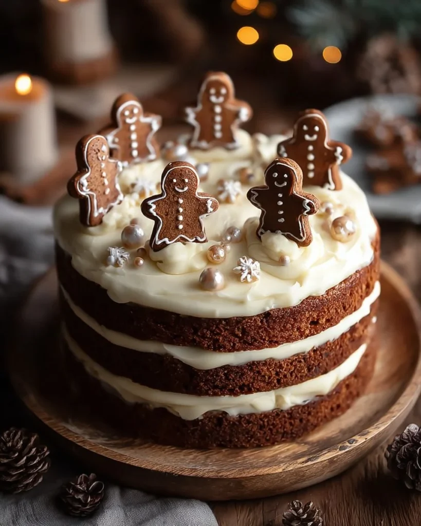 Homemade Gingerbread Cake topped with icing and seasonal decorations