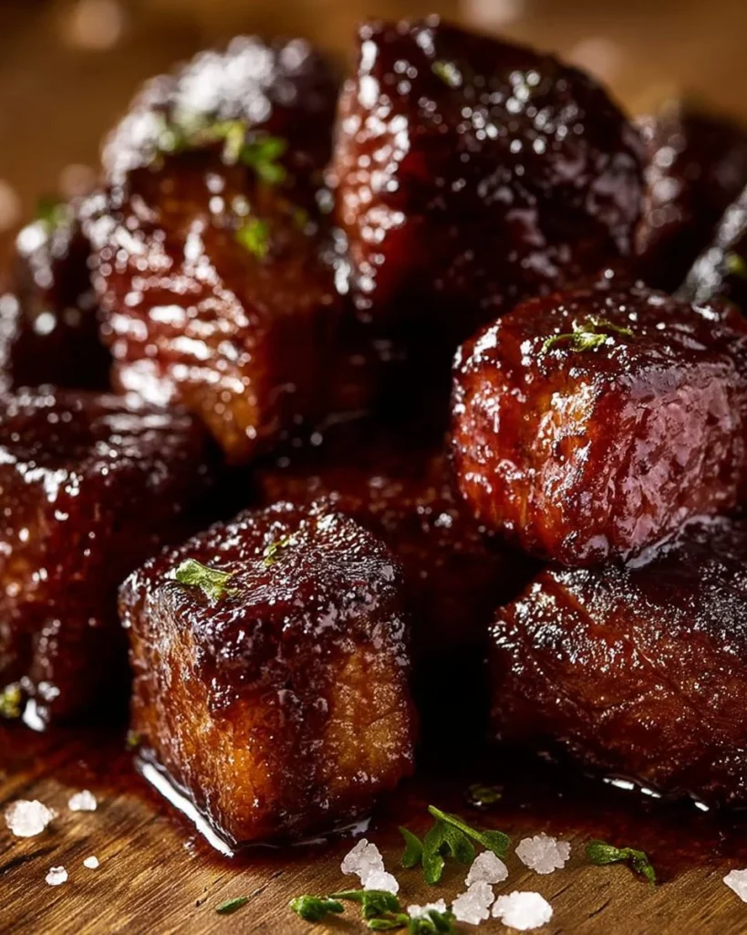 Delicious glazed BBQ steak bites served on a plate