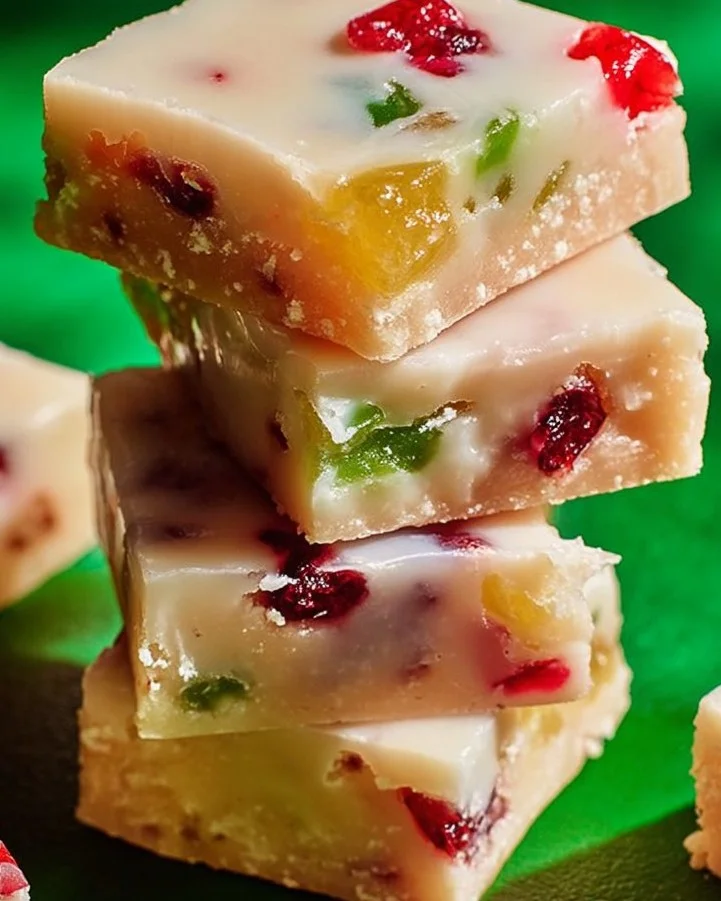 Glazed fruitcake shortbread cookies on a festive plate