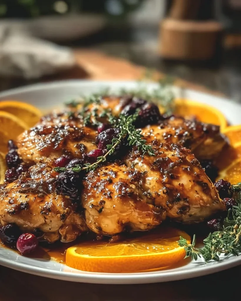 Glazed Orange Cranberry Roasted Chicken garnished with herbs and citrus slices
