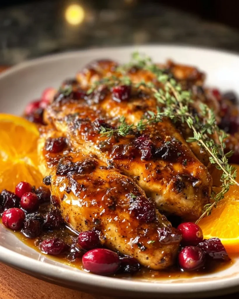 Glazed Orange Cranberry Roasted Chicken garnished with fresh herbs