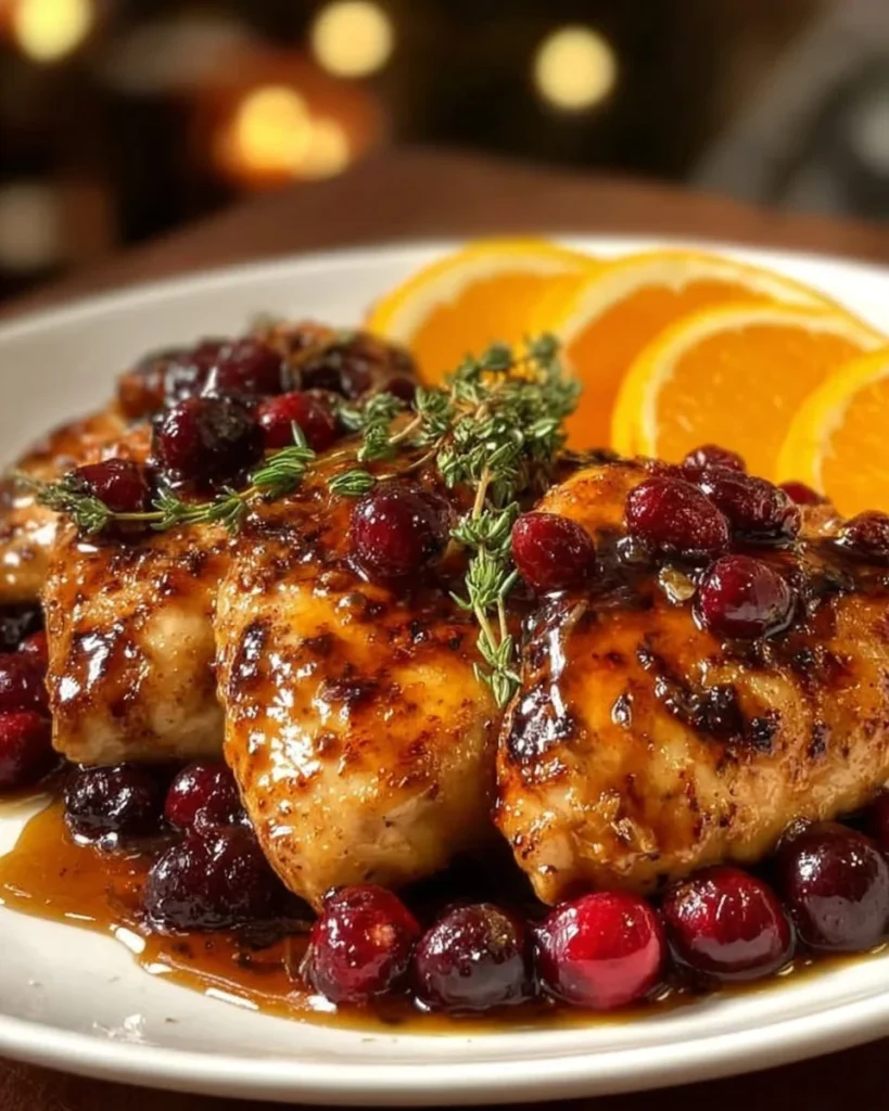 Glazed orange cranberry roasted chicken served with garnished vegetables