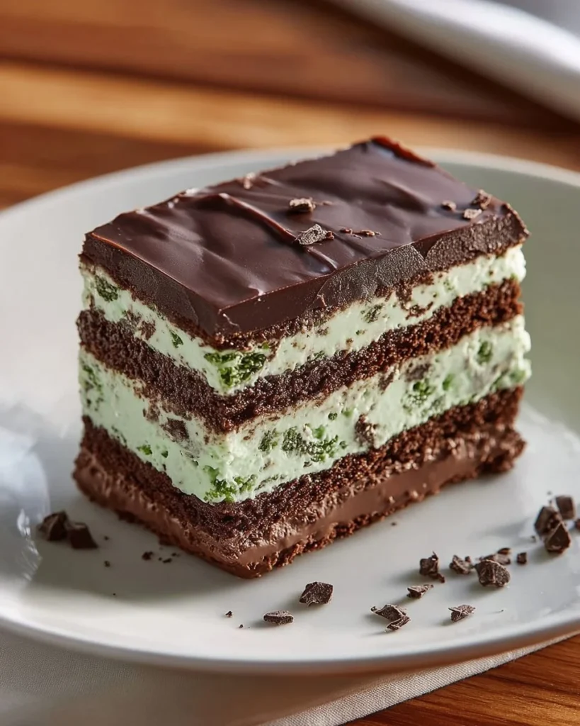 Gluten-free choc-mint cookie ripple cake with mint garnish