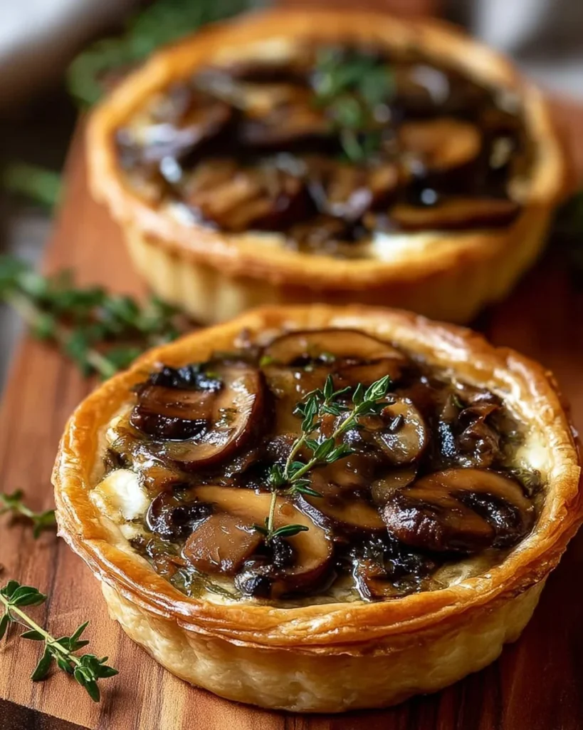 Golden Herbed Mushroom Tarts fresh out of the oven, beautifully garnished.