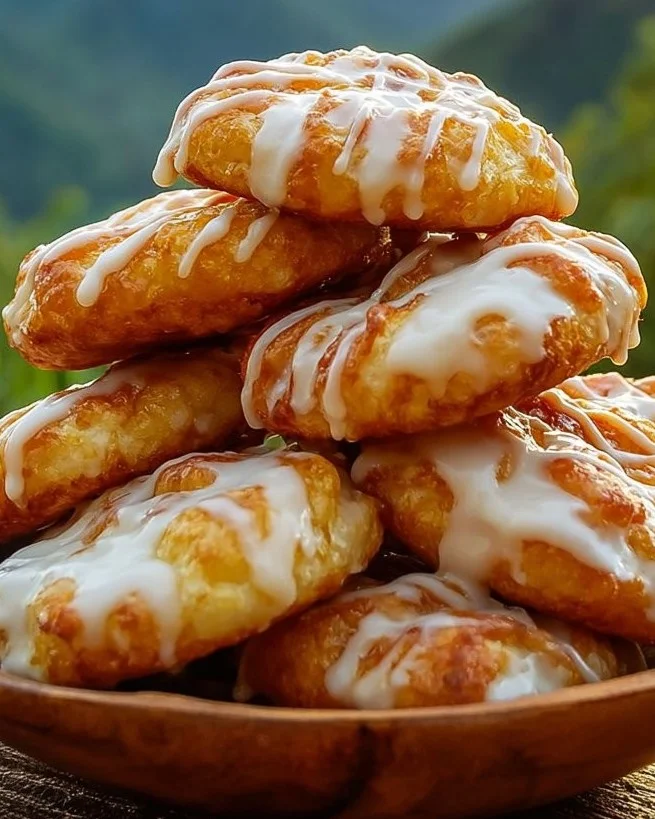 Golden peach fritters topped with vanilla glaze on a plate